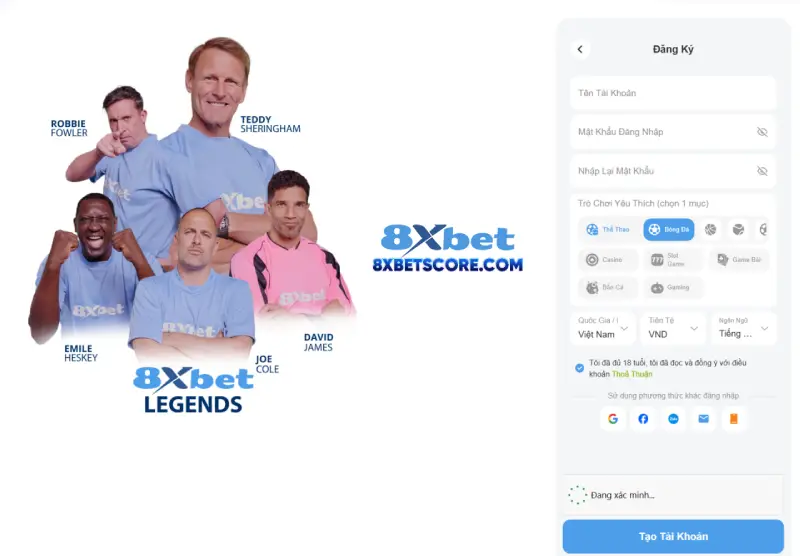 Giao diện đăng ký 8xbet